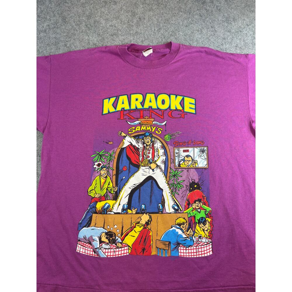 Vintage 90s Karaoke King Sammy Sing A Long Elvis Parody Shirt Mens XL Purple